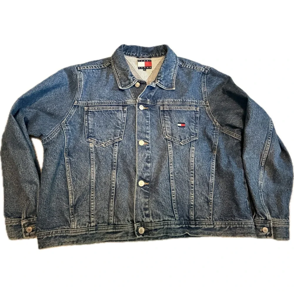 Vintage Tommy Hilfiger Jeans Denim Jacket Big Flag Logo 90s Mens XL Blue